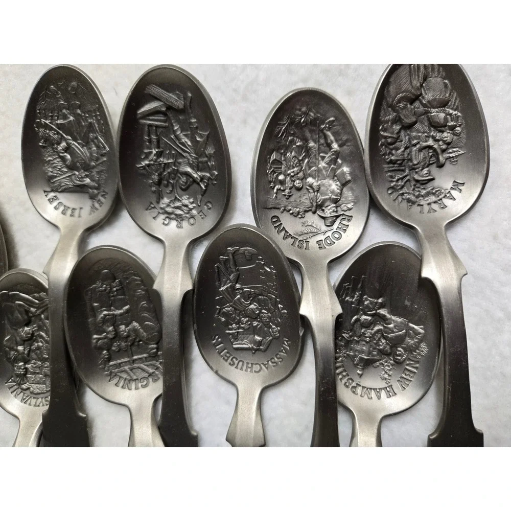 Vintage 1976 Franklin Mint 13 Colonies Pewter Souvenir Spoon Set Bicentennial